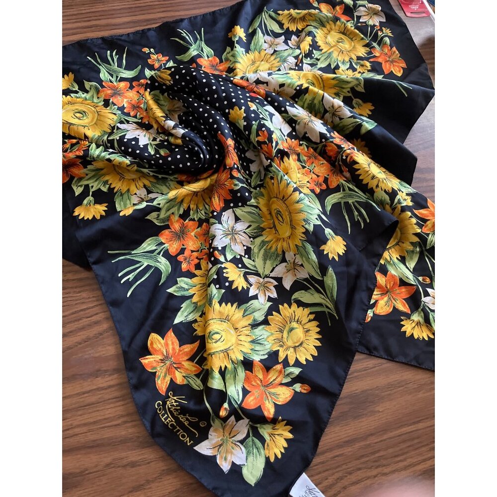 Kathy Lee Collection black white polka dots with flowers scarf